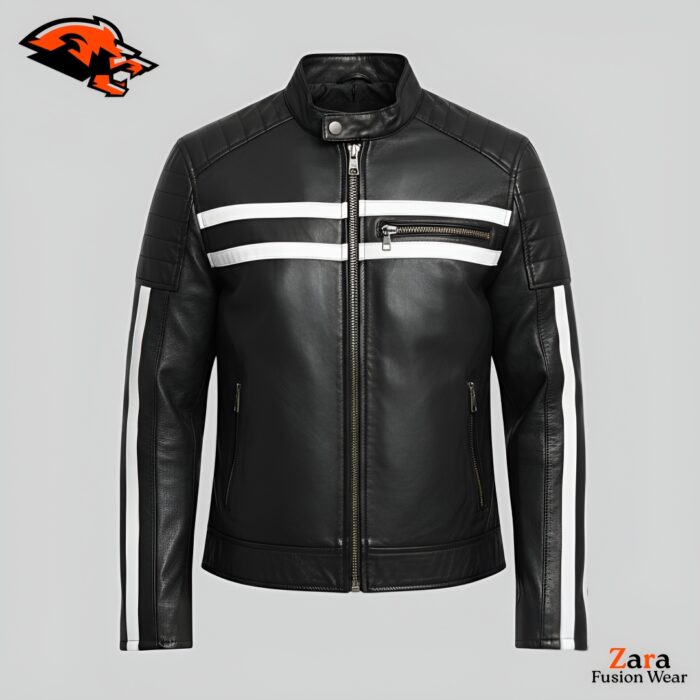 Men’s Black Leather Biker Jacket with White Racing Stripes