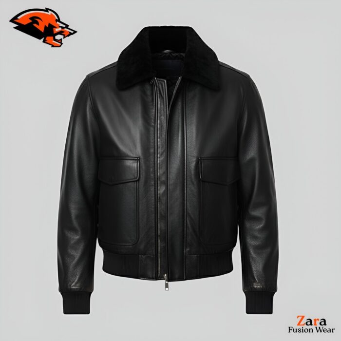 Men’s Black Leather Bomber Jacket with Faux Fur Collar
