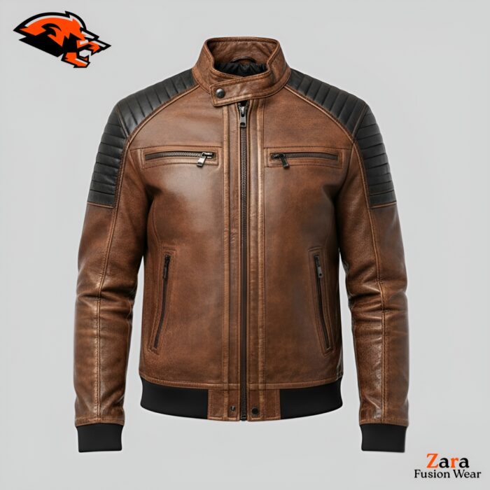 Men’s Brown Leather Bomber Jacket with Quilted Shoulder Panels