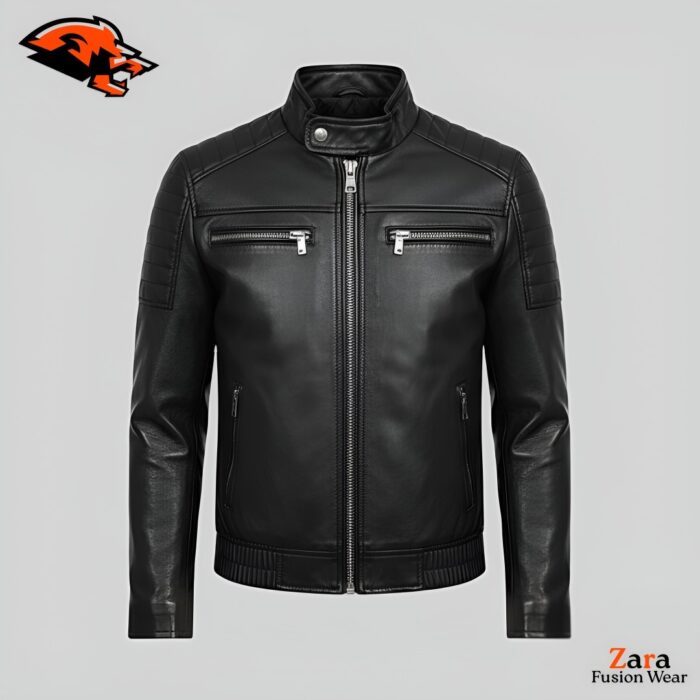 Men’s Black Leather Biker Jacket with Quilted Shoulder Panels