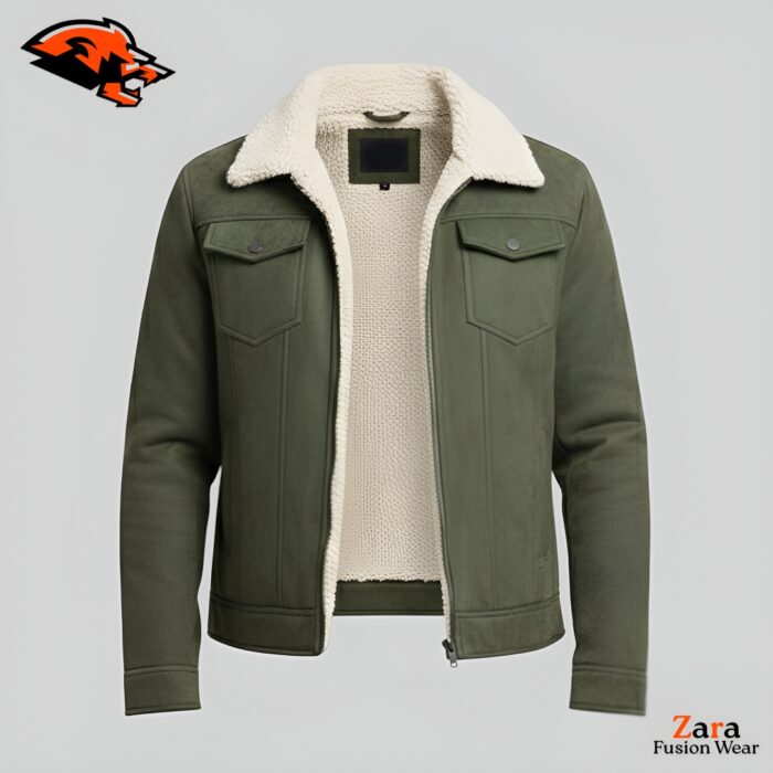 Men’s Olive Green Suede Jacket with Sherpa Lining