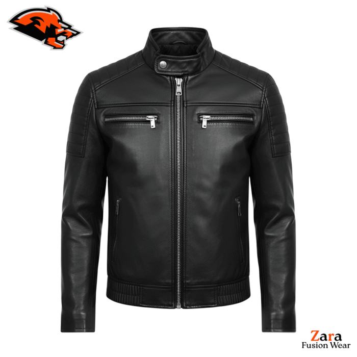 Men's Black Genuine Leather Biker Jacket – Ravex Noir Slim Fit Café Racer Motorcycle Jacket with Quilted Shoulders