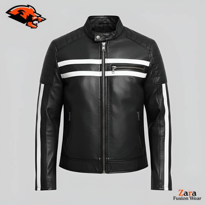 Obsidian Velocity Black Leather Biker Jacket with White Racing Stripes – Slim Fit Motorcycle Rider Jacket