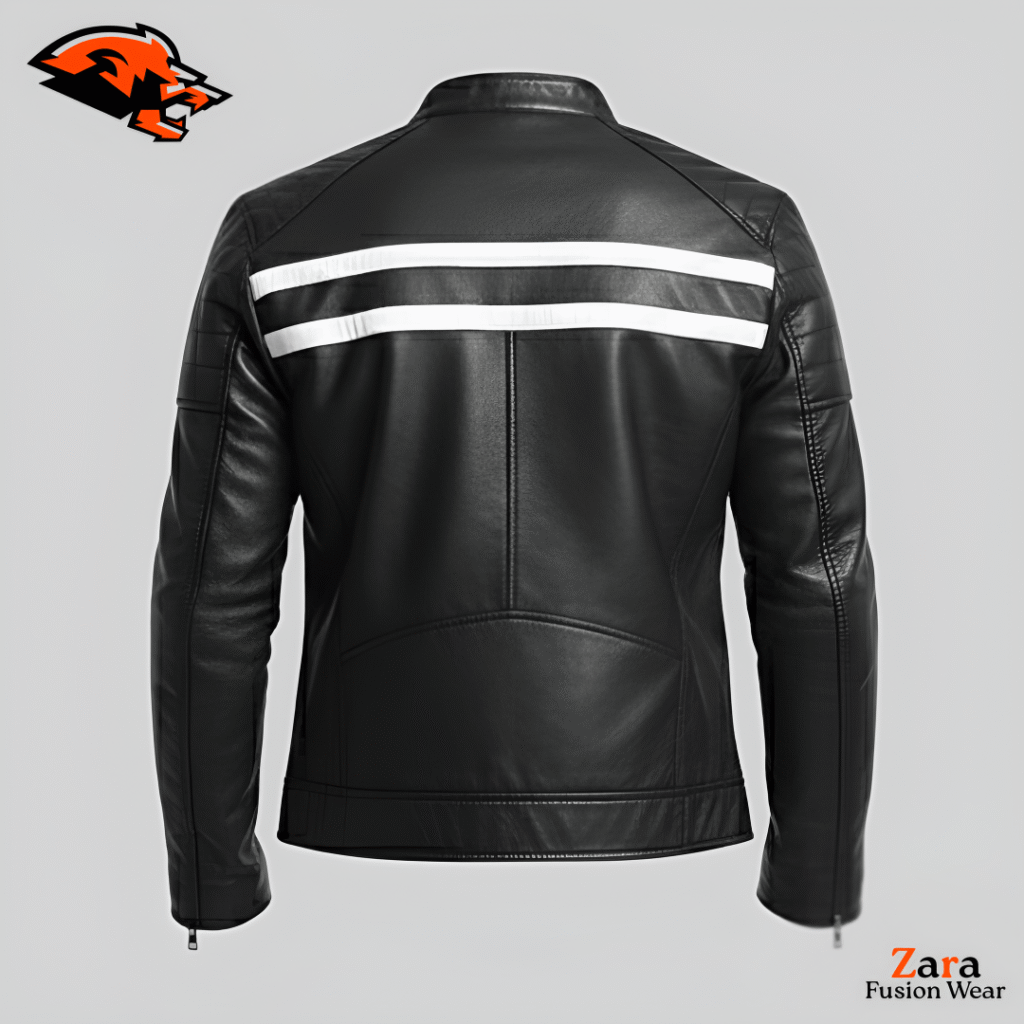 Obsidian Velocity Black Leather Biker Jacket with White Racing Stripes ...
