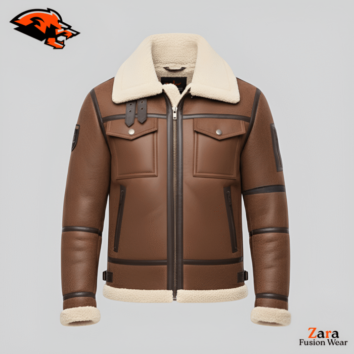 Orvex Aris Men’s Brown Shearling Aviator Leather Jacket – Premium Faux Leather B3 Tactical Flight Bomber