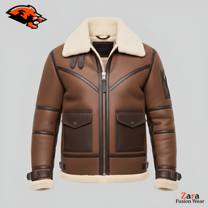 Vancore Umber Men’s Cognac Brown Shearling Aviator Jacket – Premium Faux Leather Architectural Flight Jacket