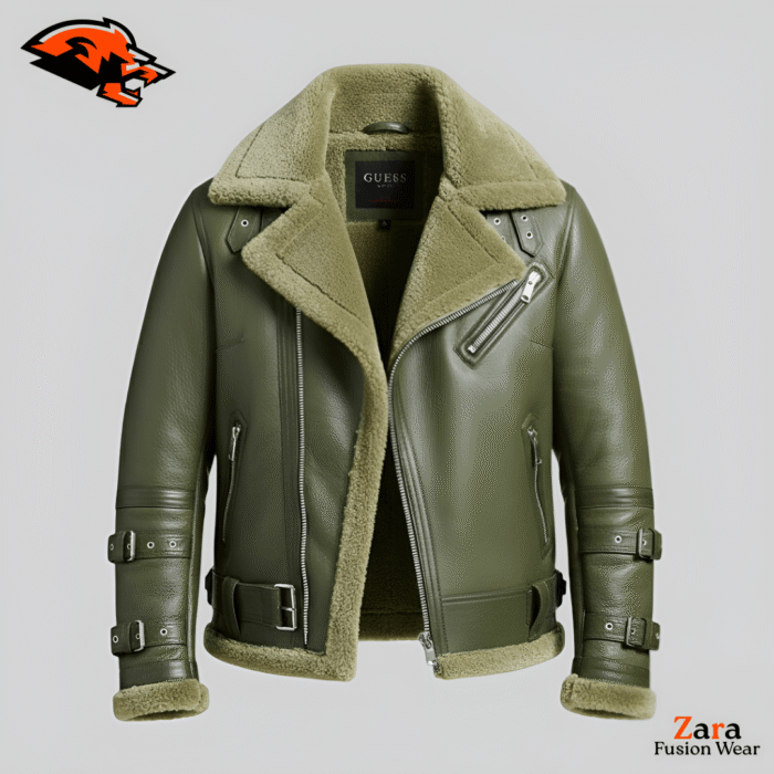 Henrik Olive Cross-Zip Men’s Shearling Aviator Jacket – Premium Sage Green Leather Aviator Bomber Jacket