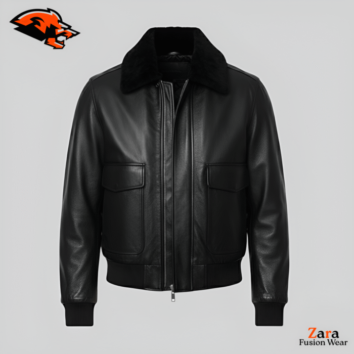Nocturne Arctic Black Leather Bomber Jacket with Fur Collar – Premium Aviator Flight Jacket
