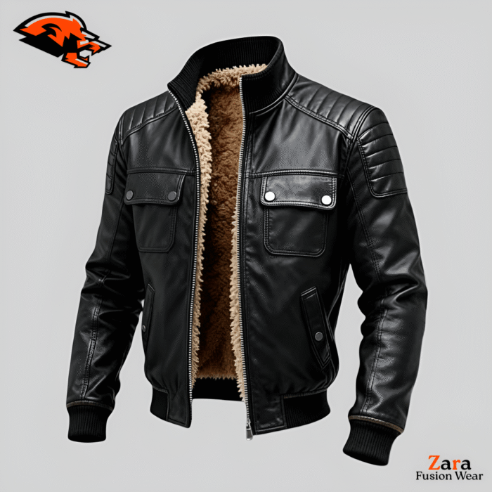 Shadow Ridge Black Leather Bomber Jacket with Shearling Lining – Winter Aviator Style