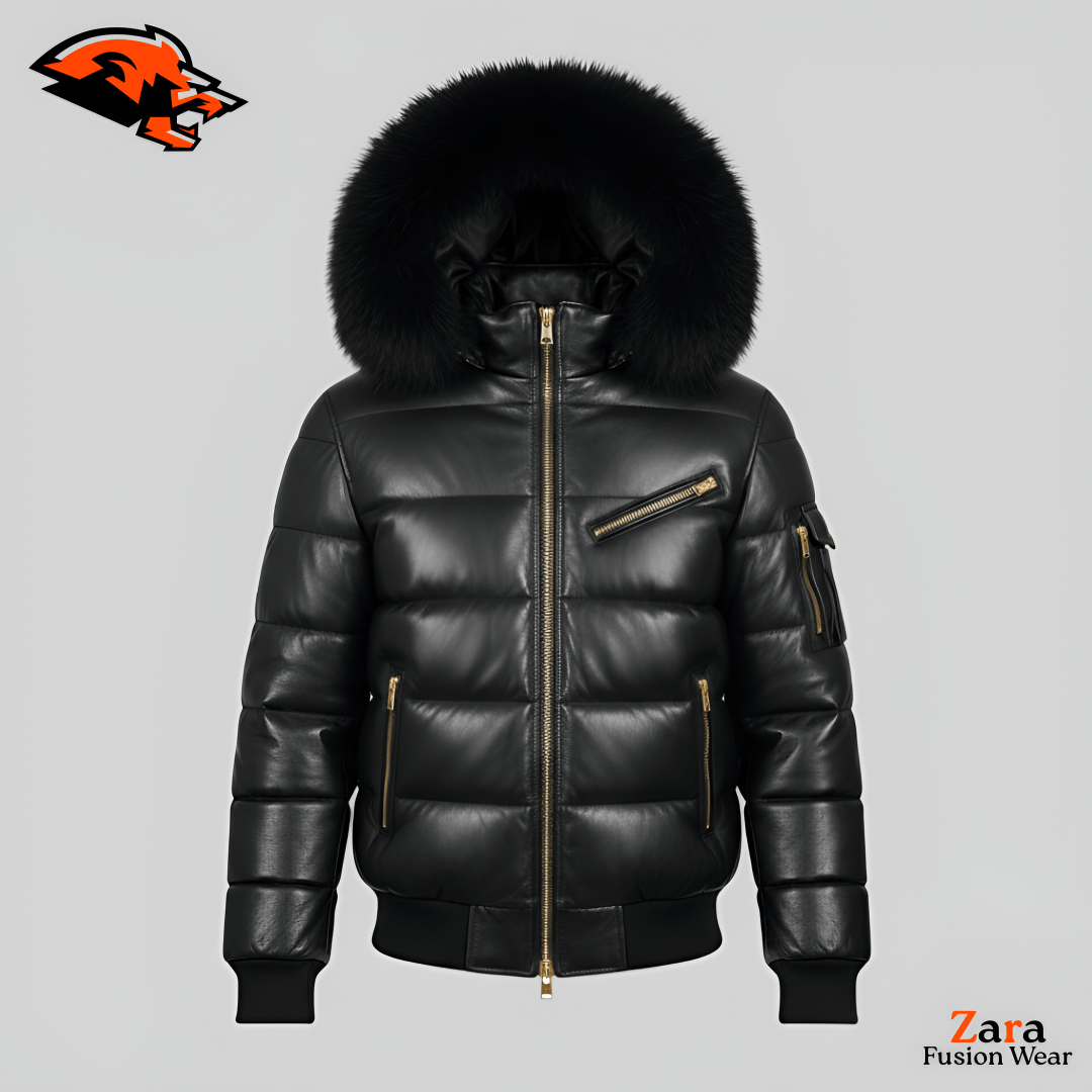 Draxshire Noir Men’s Black Leather Puffer Jacket – Premium Down-Filled Hooded Streetwear Bomber