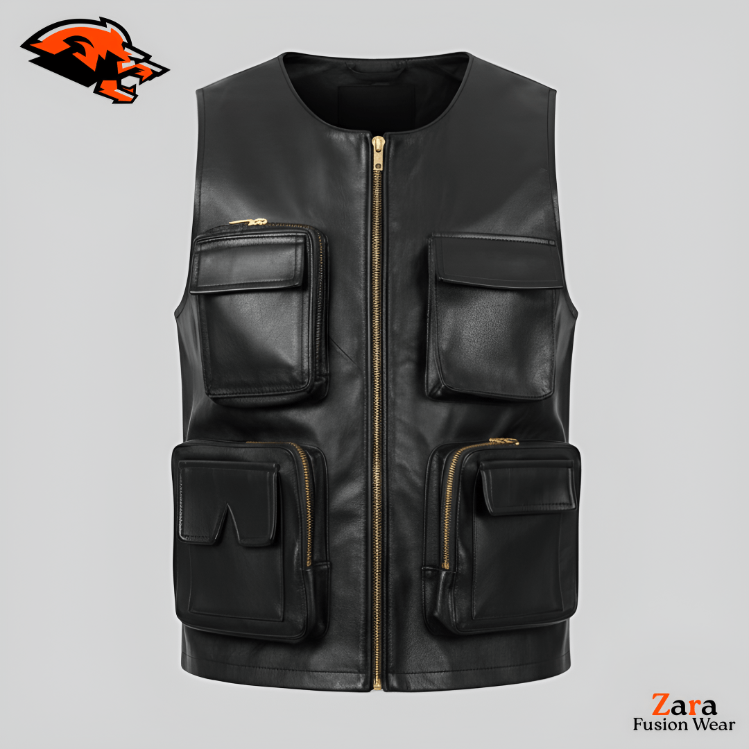 Cailun Stealth Men’s Black Leather Tactical Vest – Premium Multi-Pocket Utility Streetwear Gilet