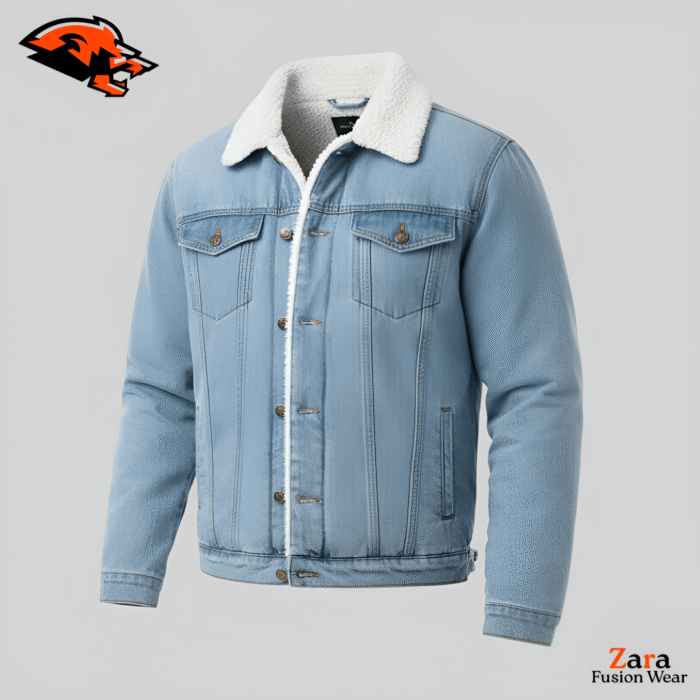 Caspian Azure Men’s Sherpa Lined Denim Jacket – Light Wash Winter Trucker Jacket with Thermal Fleece Collar