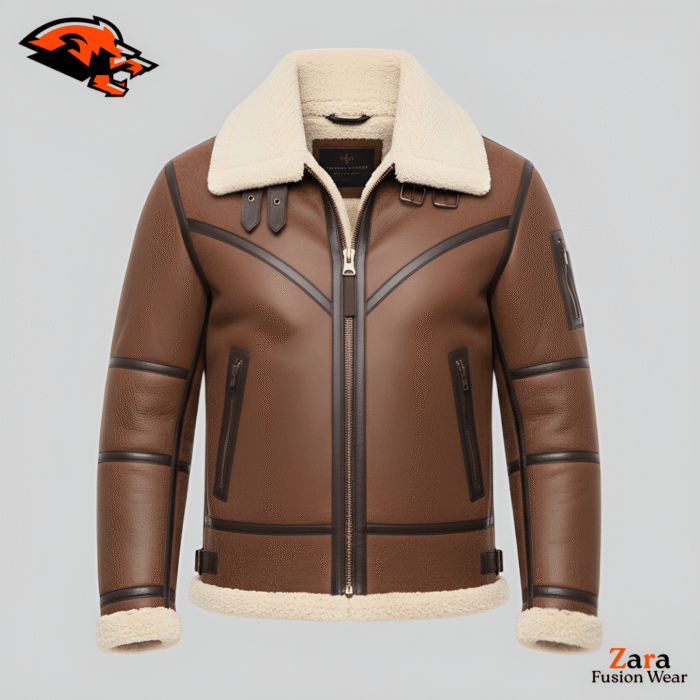 Vancroft Obsidian Men’s Cognac B3 Brown Aviator Jacket – Premium Faux Leather Shearling Flight Bomber
