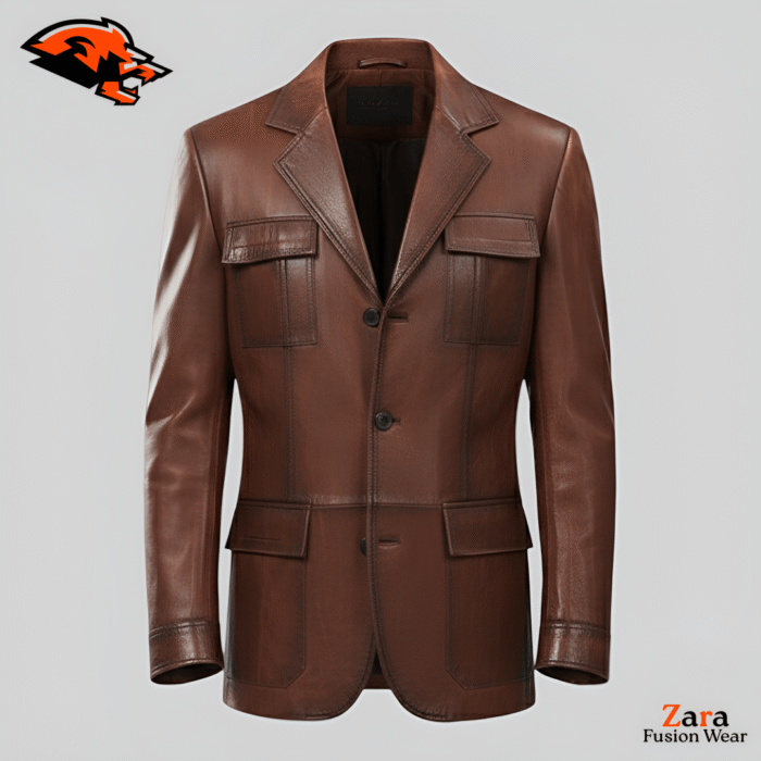 Vandermere Walnut Men’s Brown Leather Blazer – Premium Multi-Pocket Vintage Safari Tailored Jacket