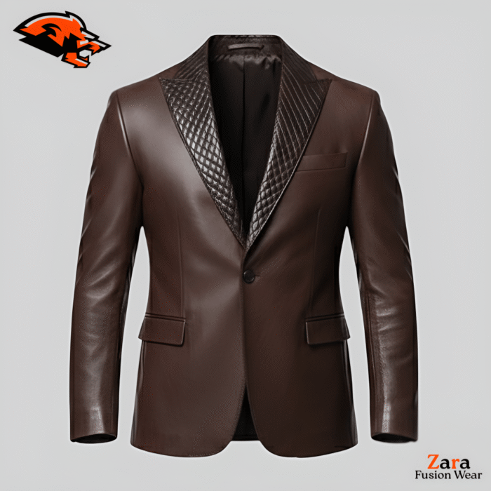 Aleric Cocoa Diamond Men’s Brown Leather Blazer – Premium Quilted Lapel Slim-Fit Formal Designer Jacket