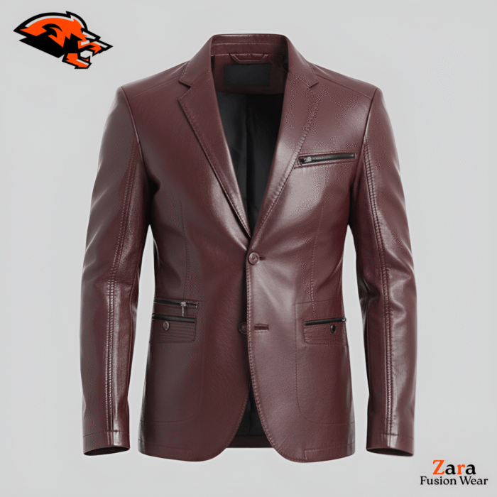 Aleric Wine Men’s Burgundy Leather Blazer – Premium Slim-Fit Two-Button Formal Leather Jacket