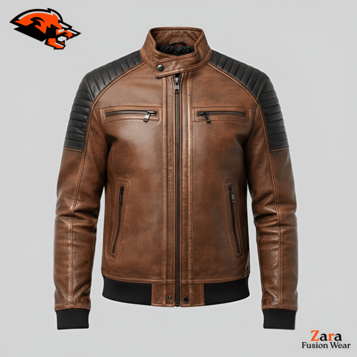 Fulton Ridge Brown Leather Bomber Jacket – Vintage Motorcycle Style with Quilted Shoulders