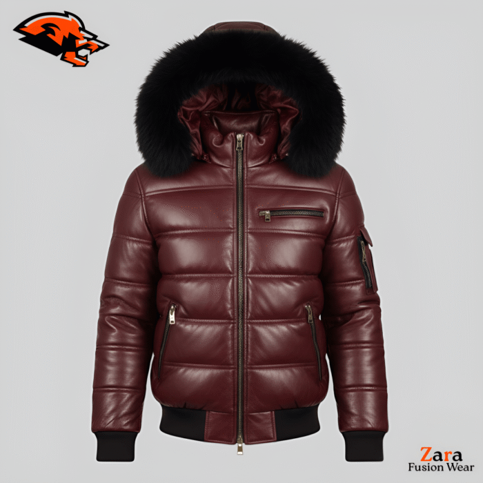 Vandermere Walnut Men’s Dark Brown Leather Puffer Jacket – Premium Hooded Fur-Trim Technical Winter Bomber