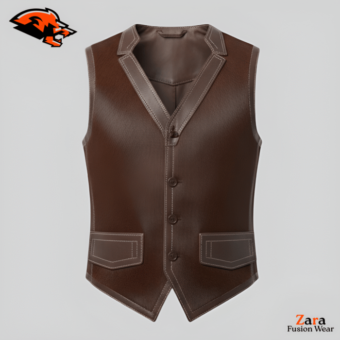 Armand Mocha Men’s Dark Brown Leather Vest – Premium Contrast Stitch Tailored Waistcoat
