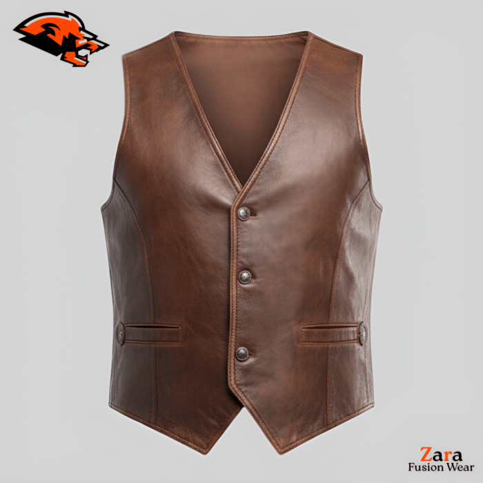 Draxley Umber Men’s Cognac Brown Leather Vest – Premium Slim-Fit Western Button Waistcoat Gilet