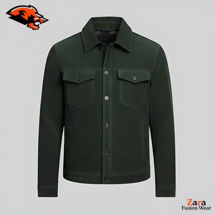 Arden Crest Dark Green Suede Jacket – Classic Button Front Casual Trucker Coat