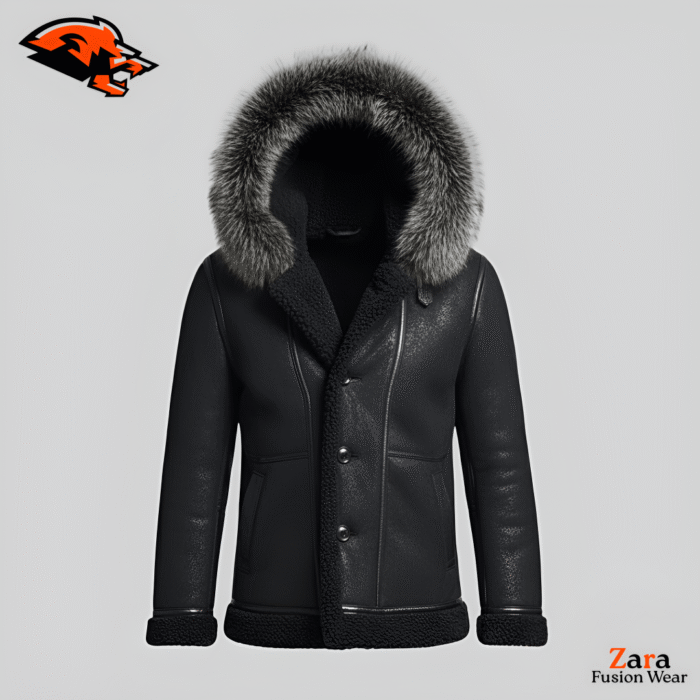 Vanguard Graphite Men’s Midnight Charcoal Leather Jacket – Premium Silver-Fox Hooded Shearling Winter Parka