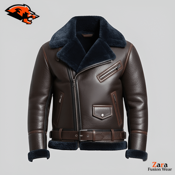 Hector Frost-Guard Men’s Mocha Fur & Shearling Leather Jacket – Premium Navy Shearling Lined Winter Aviator Biker