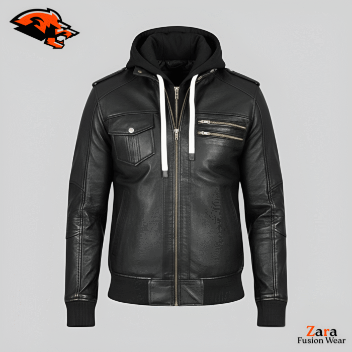 Xander Obsidian Men's Tactical Hooded Leather Jacket - Premium Stealth Black Slim-Fit Moto Bomber with Integrated Hood