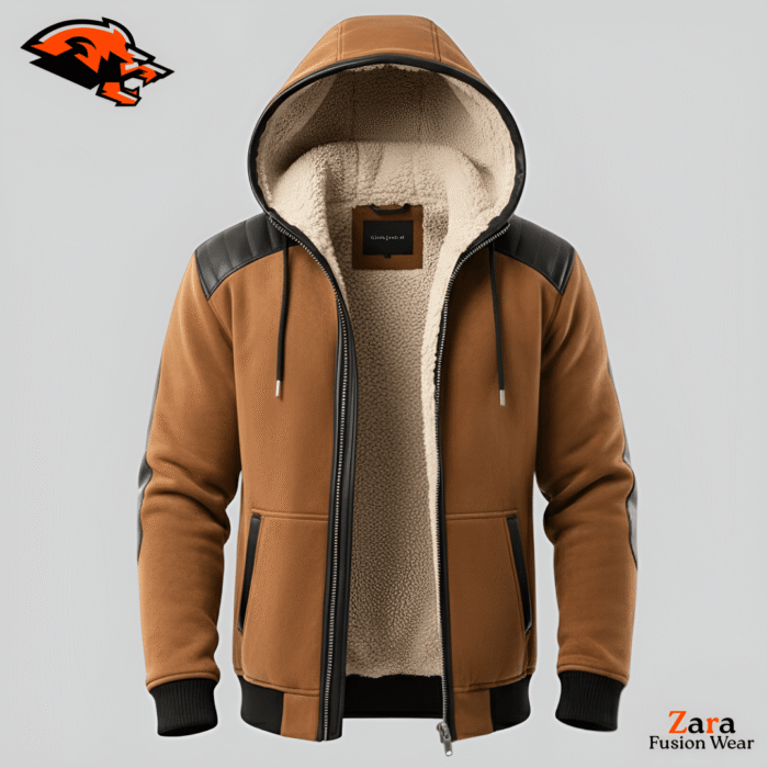 Vanguard Russet Men's Hooded Hybrid Jacket - Shearling Lined Tan Fleece & Leather Trim Outerwear