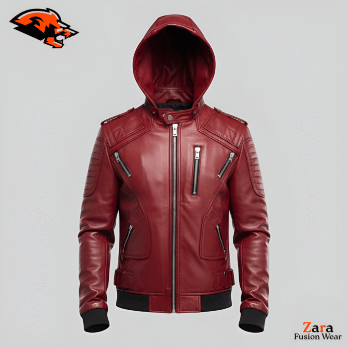 Valerius Merlot Men’s Hooded Leather Moto Jacket – Premium Burgundy Slim-Fit Biker Jacket with Quilted Arm Detail