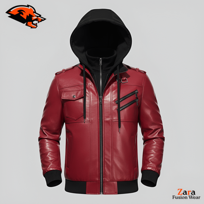 Kaiser Crimson Men's Red Hooded Leather Jacket - Premium Slim Fit Moto Bomber with Removable Style Hood