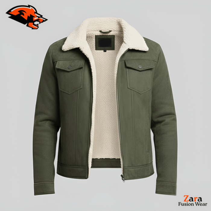 Noah Alpine Olive Suede Jacket with Shearling Lining – Winter Sherpa Collar Coat