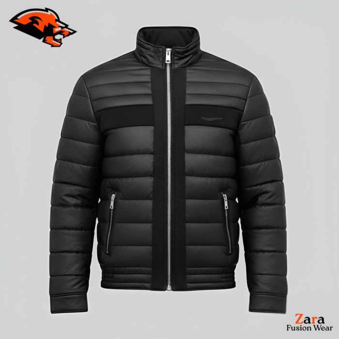 Kaelith Onyx Men’s Urban Stealth Puffer Jacket – Lightweight Matte Black Winter Bomber with High-Contrast Industrial Zipper