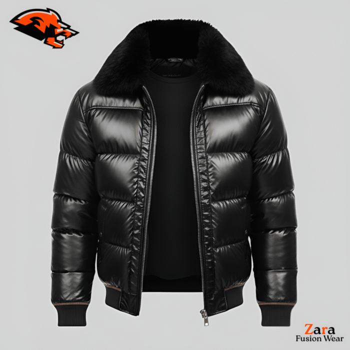 Caelum Carbon Men’s Urban Stealth Puffer Jacket – Lightweight Matte Graphite Bomber with High-Contrast Industrial Zipper