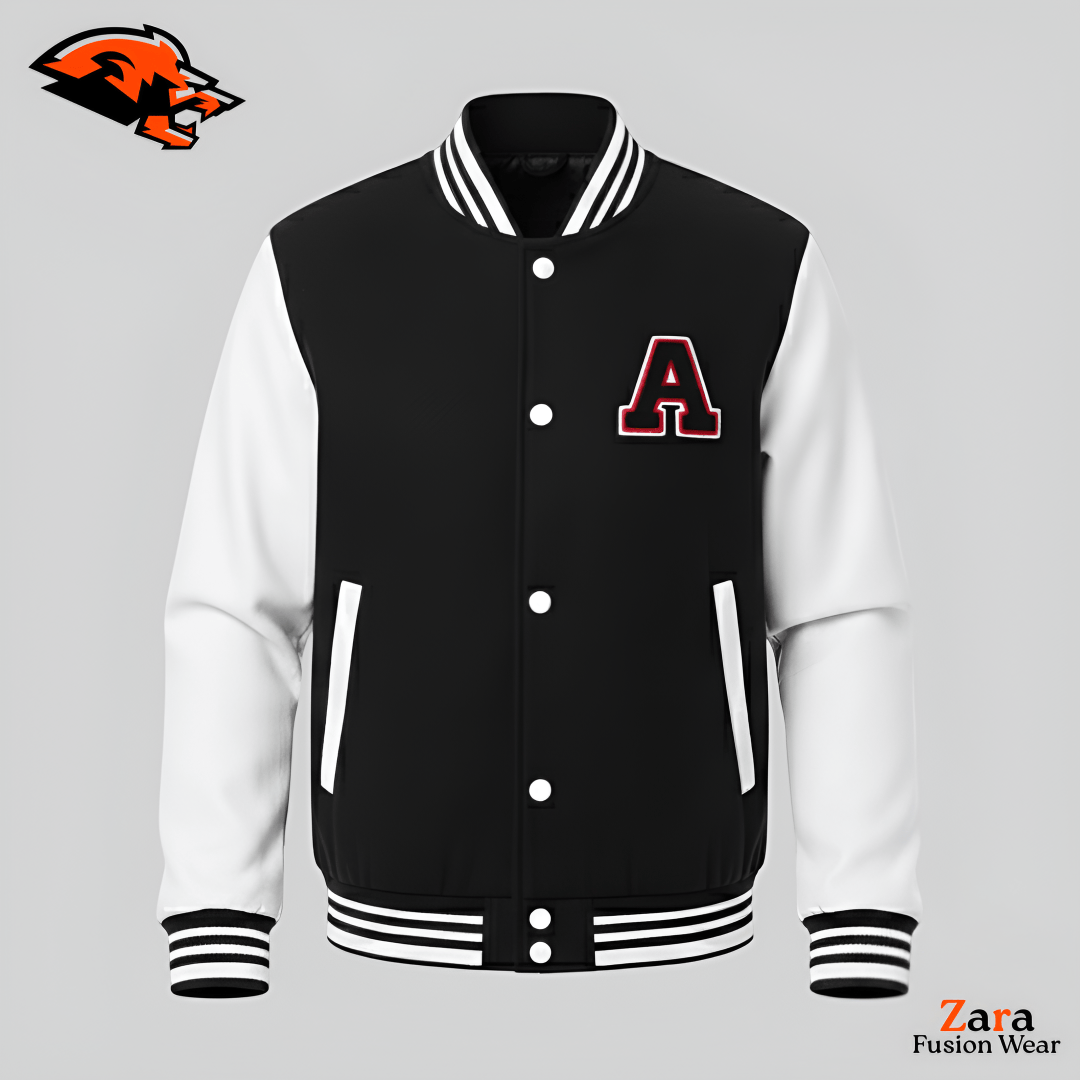 Draxshire Onyx Men’s Black Varsity Jacket – Premium Polar White Leather Sleeve Letterman Bomber