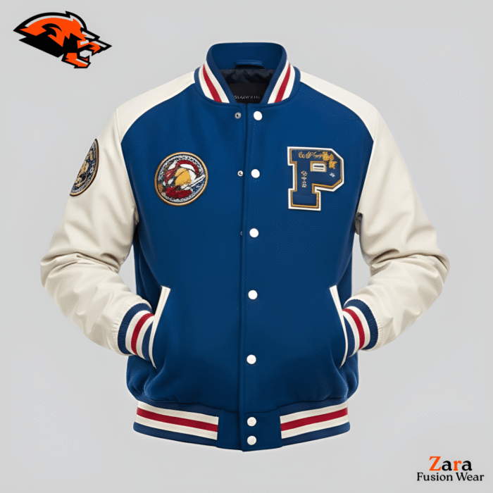 Vandermere Royal Men’s Blue Varsity Jacket – Premium Cream Leather Sleeve Letterman Bomber