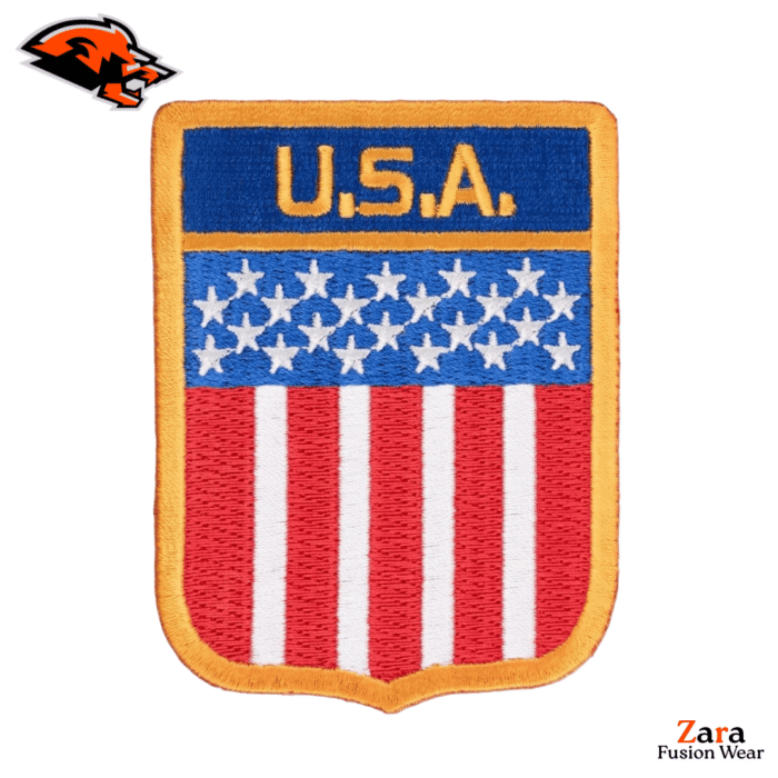 Patriotic Shield: Premium 3D Embroidered USA Flag Badge – Iconic Shield Shape with Orange Border for Jackets and Uniforms