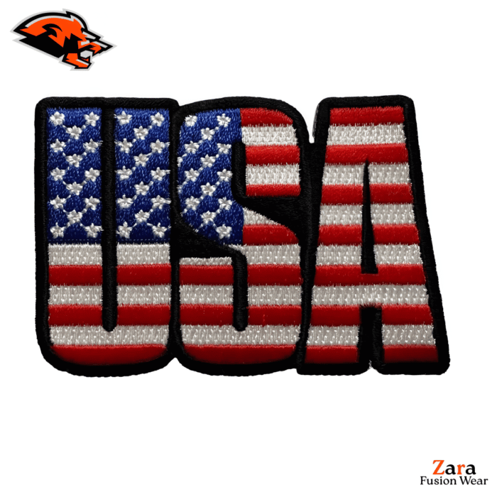 Dynamic Letters: Premium 3D Embroidered USA Flag Badge – Bold Typographic Design for Custom Hoodies and Jackets