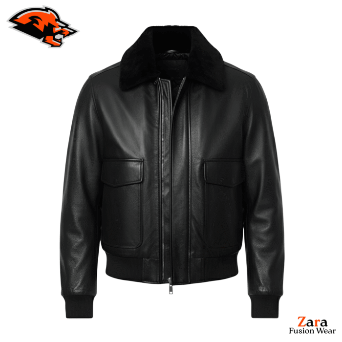 Men's Black Genuine Leather Bomber Jacket – Norvex Summit Premium Aviator Flight Jacket with Soft Shearling Collar & Classic Ribbed Cuffs