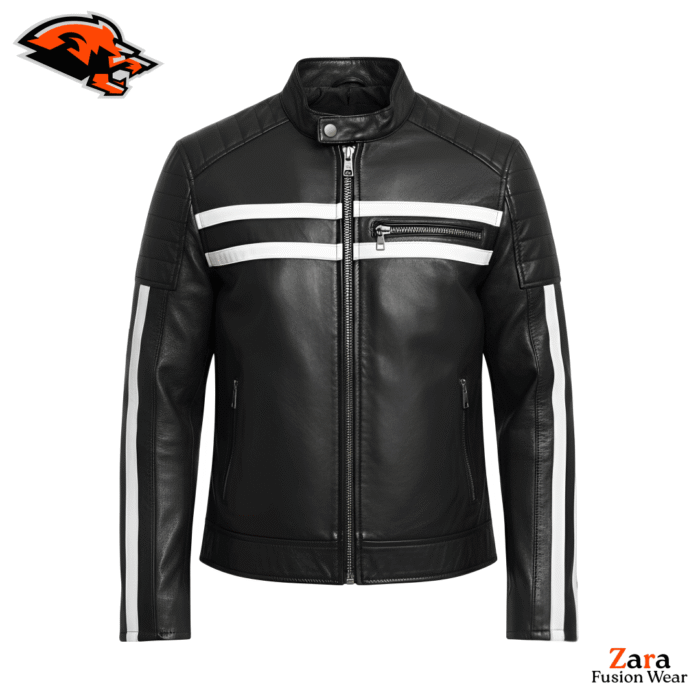Men's Black Genuine Leather Biker Jacket – Stravion Apex Café Racer Motorcycle Jacket with White Racing Stripes & Quilted Shoulders