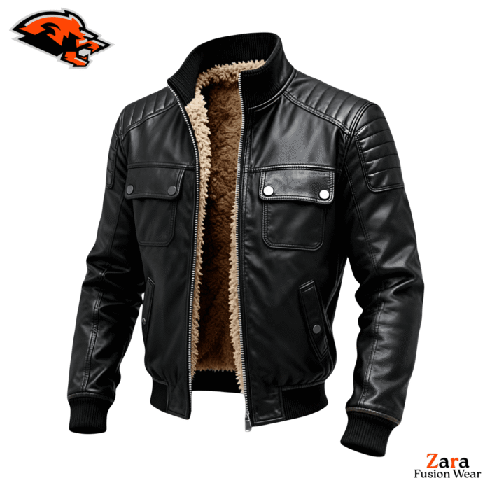 Men's Black Genuine Leather Bomber Jacket – Frostvale Sentinel Sherpa-Lined Aviator Flight Jacket with Quilted Shoulders, Rib Knit Collar & Winter Insulation