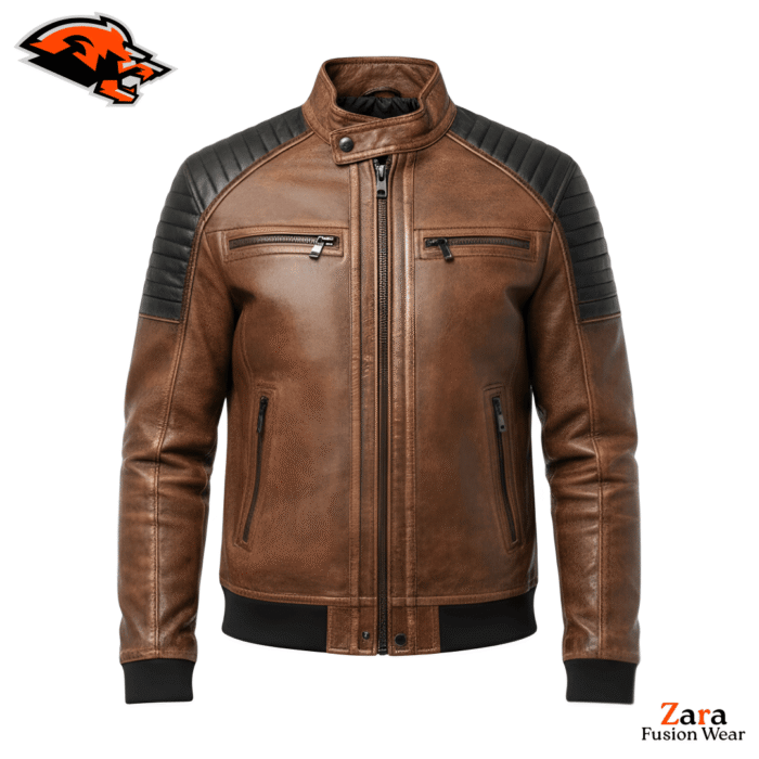 Men's Brown Genuine Leather Bomber Jacket – Bravion Crest Vintage Café Racer Leather Jacket with Black Quilted Shoulders, Ribbed Cuffs & Premium Motorcycle Style