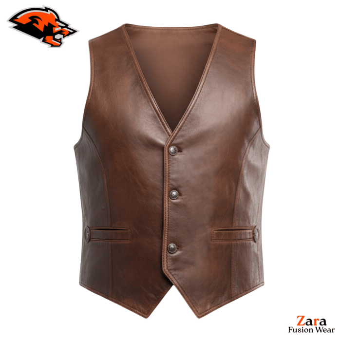 Men's Brown Genuine Leather Vest – Ashford Crest Premium Leather Waistcoat with Adjustable Back Strap, Classic V-Neck Dress Vest & Western Formal Style