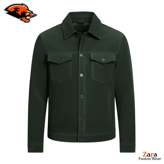 Men's Dark Green Suede Leather Trucker Jacket – Velorian Ridge Premium Button Front Suede Jacket with Shirt Collar, Chest Pockets & Classic Casual Outerwear