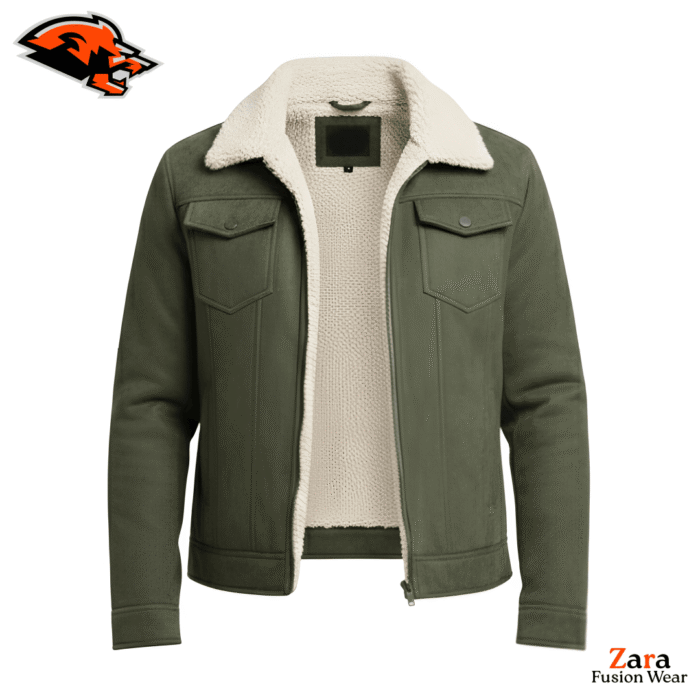 Men's Olive Green Genuine Suede Jacket – Avenridge Summit Sherpa Lined Trucker Jacket with Soft Fleece Collar, Premium Winter Coat & Classic Western Style