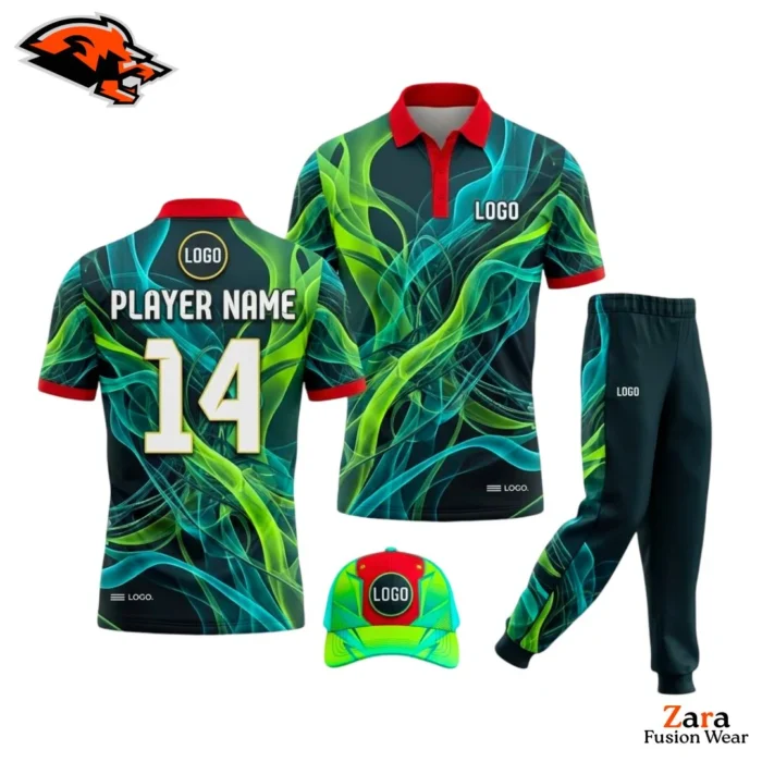 Custom Sublimated Cricket Uniform Set – Teal Green Jersey Trousers Cap