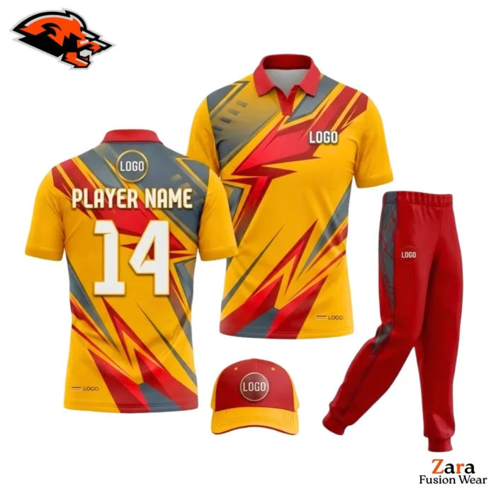 Custom Sublimated Cricket Uniform Set – Yellow Red Jersey Trousers Cap