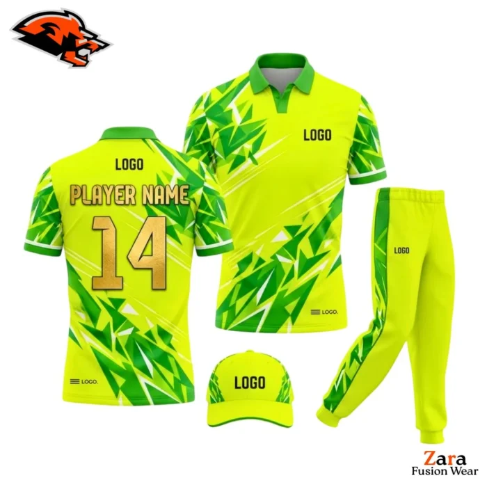 Custom Sublimated Cricket Uniform Set – Neon Green Jersey Trousers Cap