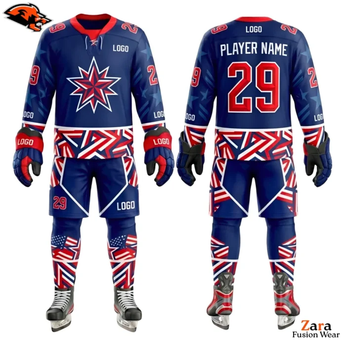 Custom Sublimated Ice Hockey Uniform Set – Navy Blue Jersey Shorts Socks