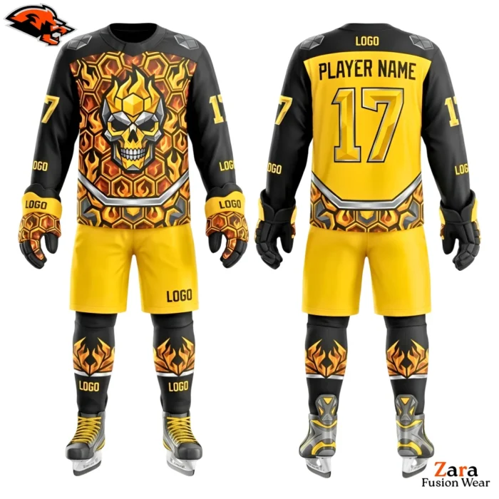 Custom Sublimated Ice Hockey Uniform Set – Yellow Black Jersey Shorts Socks